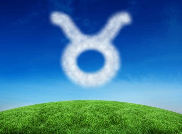 Cloud in shape of taurus star sign against green hill under blue sky
