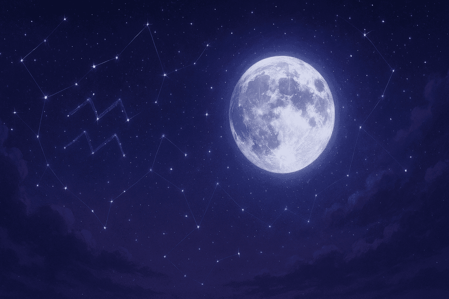 Atmospheric depiction of the Moon pausing mid-orbit with Aquarius glyphs for the January 2025 void of course schedule.