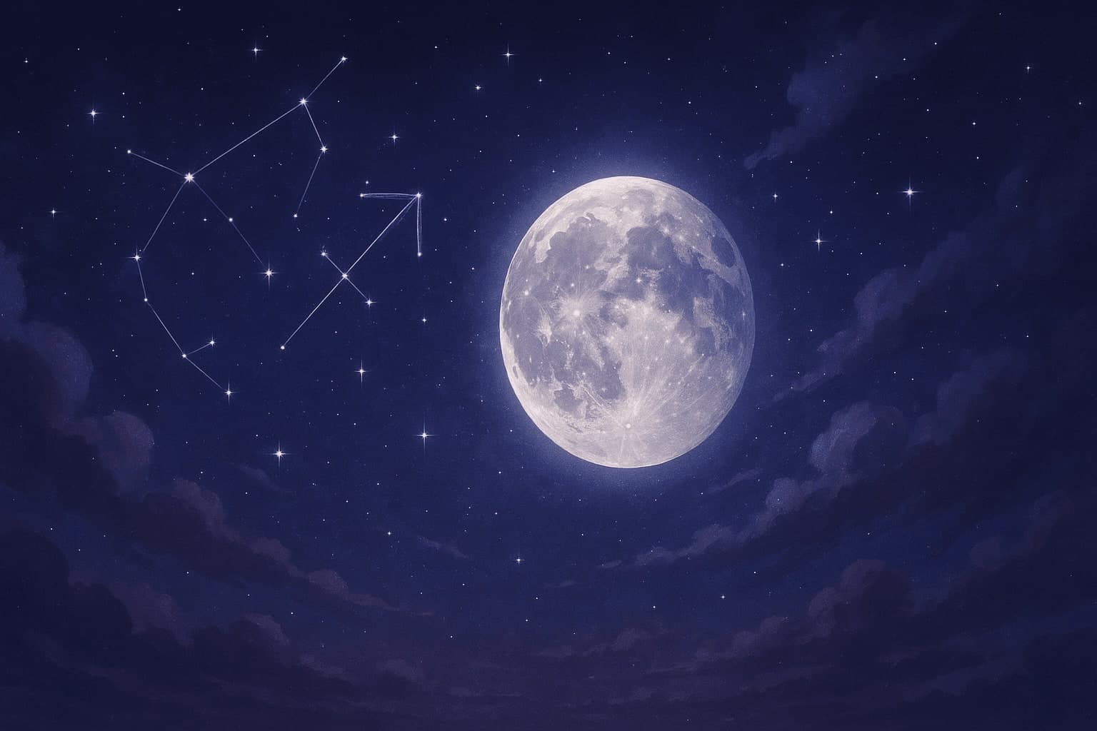 Atmospheric depiction of the Moon pausing mid-orbit with Sagittarius glyphs for the May 2026 void of course schedule.