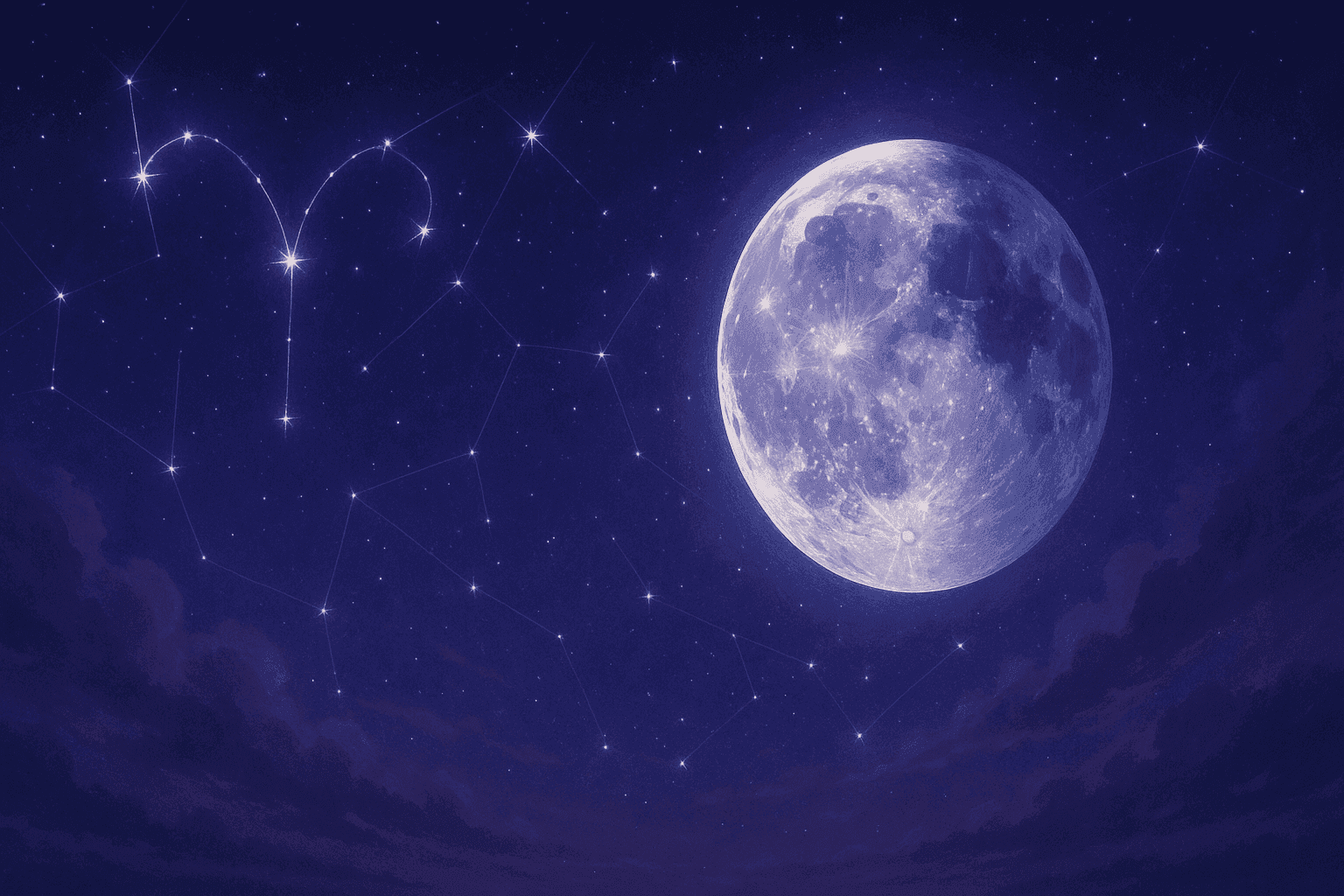 Atmospheric depiction of the Moon pausing mid-orbit with Aries glyphs for the August 2026 void of course schedule.