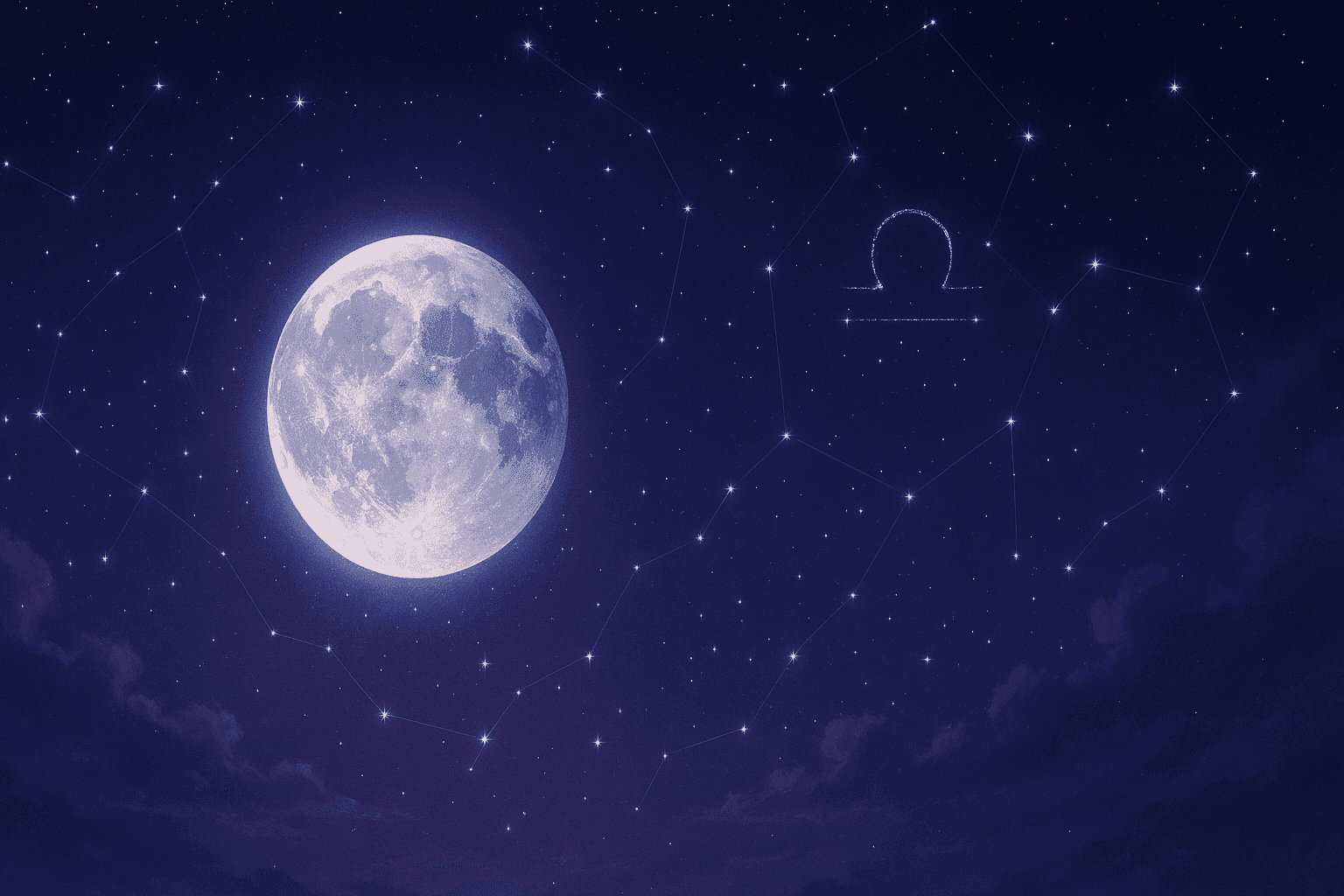 Atmospheric depiction of the Moon pausing mid-orbit with Libra glyphs for the December 2026 void of course schedule.