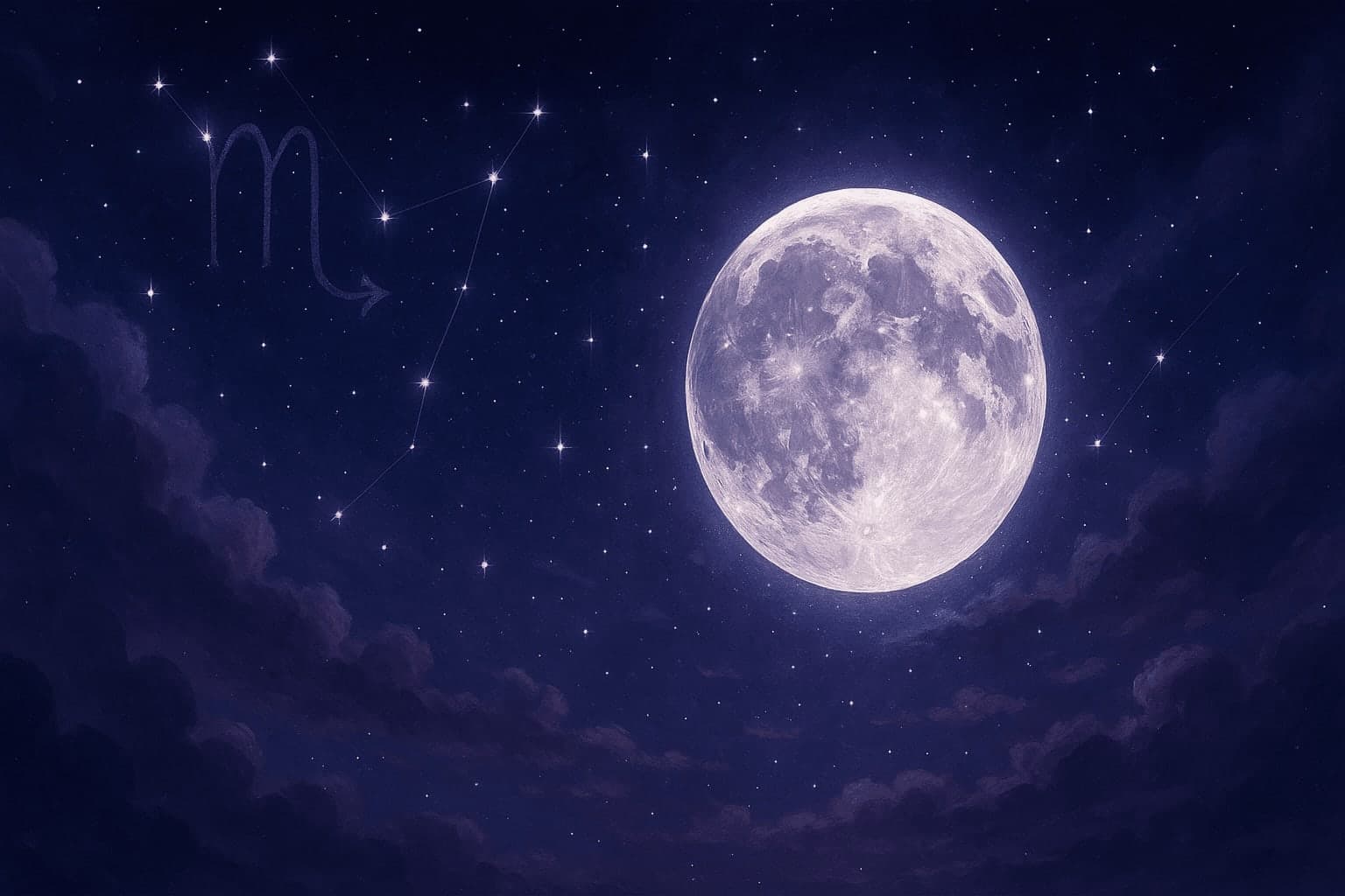 Atmospheric depiction of the Moon pausing mid-orbit with Scorpio glyphs for the January 2027 void of course schedule.