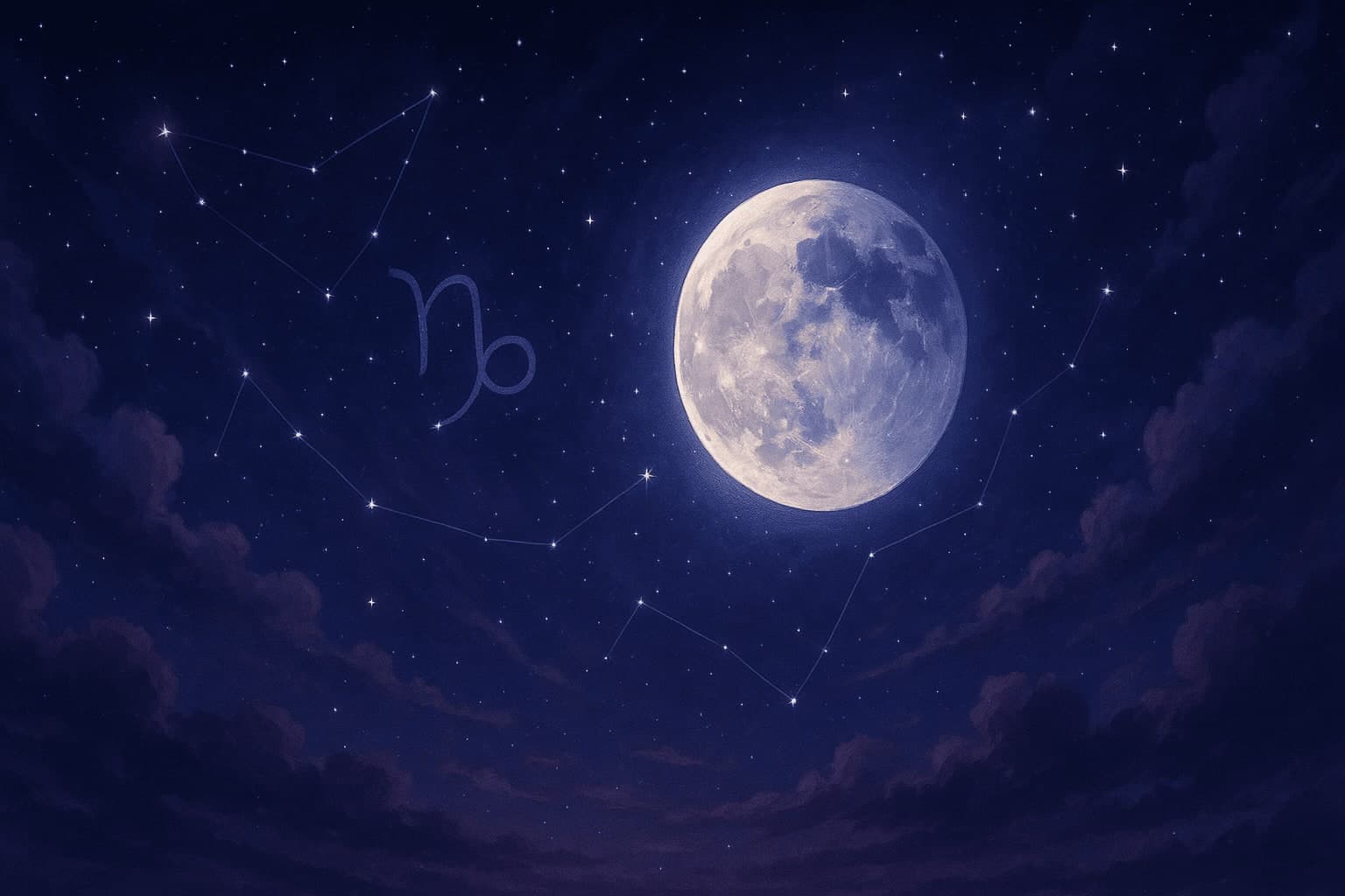 Atmospheric depiction of the Moon pausing mid-orbit with Capricorn glyphs for the February 2027 void of course schedule.