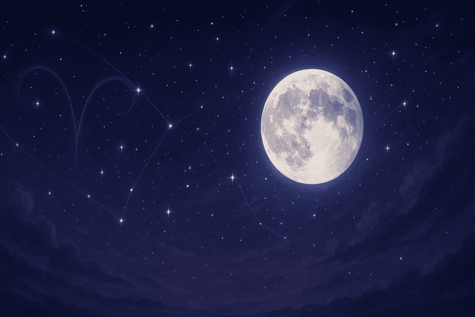 Atmospheric depiction of the Moon pausing mid-orbit with Aries glyphs for the May 2027 void of course schedule.