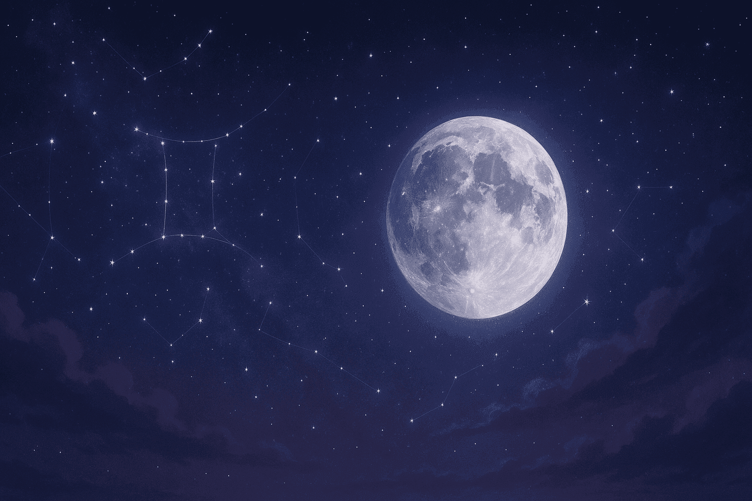 Atmospheric depiction of the Moon pausing mid-orbit with Gemini glyphs for the July 2027 void of course schedule.