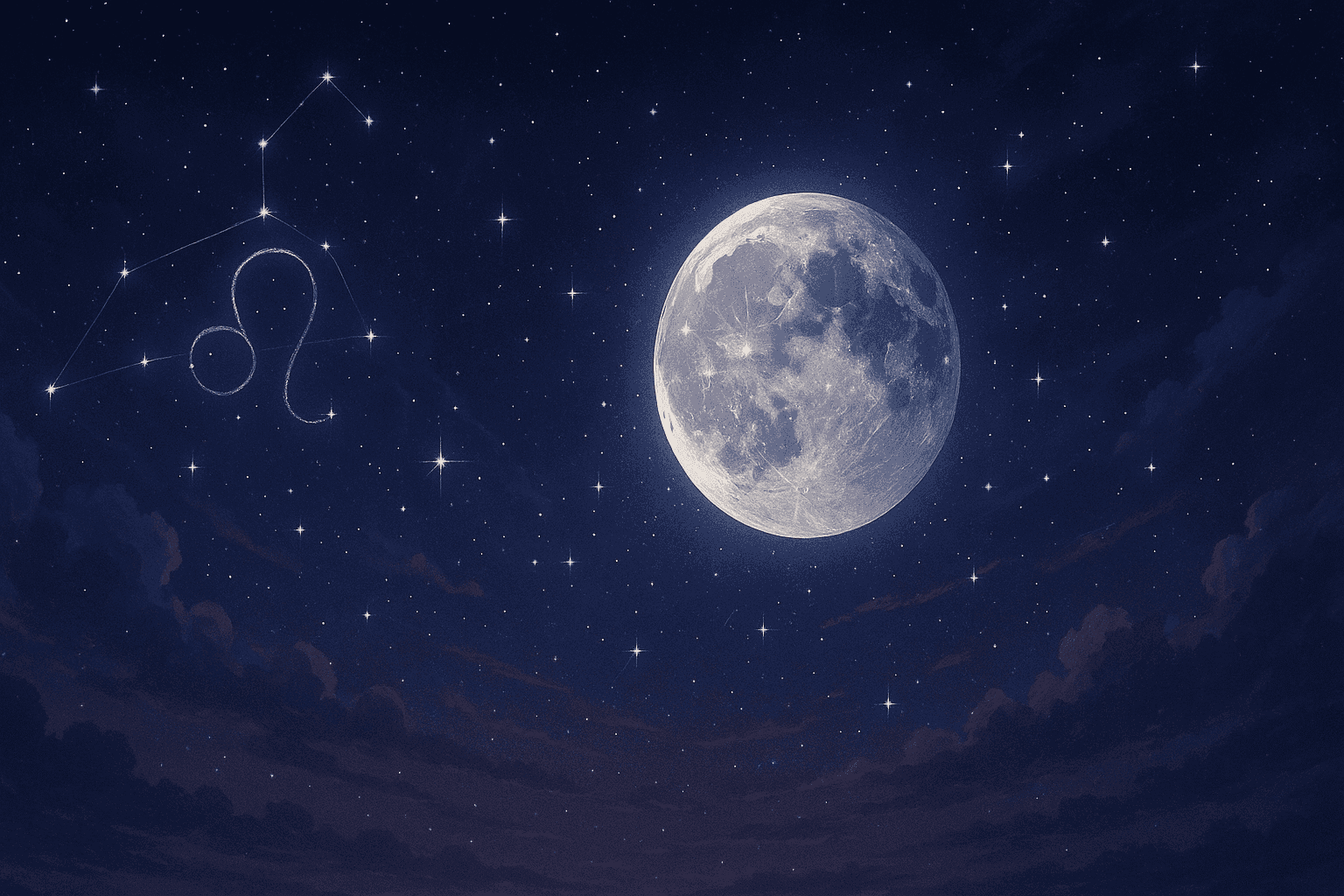 Atmospheric depiction of the Moon pausing mid-orbit with Leo glyphs for the August 2027 void of course schedule.