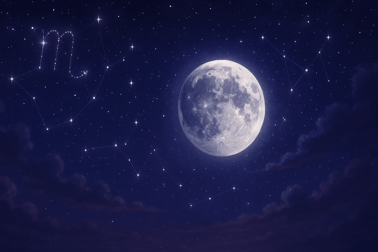 Atmospheric depiction of the Moon pausing mid-orbit with Scorpio glyphs for the October 2027 void of course schedule.