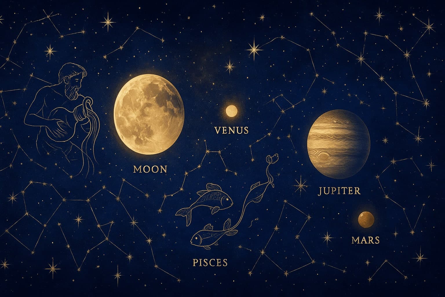 Cosmic depiction for the January 2025 astrology calendar featuring Moon enters Aquarius.
