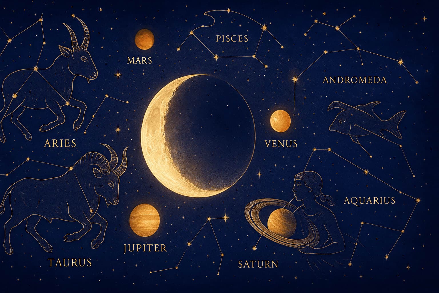 Cosmic depiction for the February 2025 astrology calendar featuring Moon enters Aries.