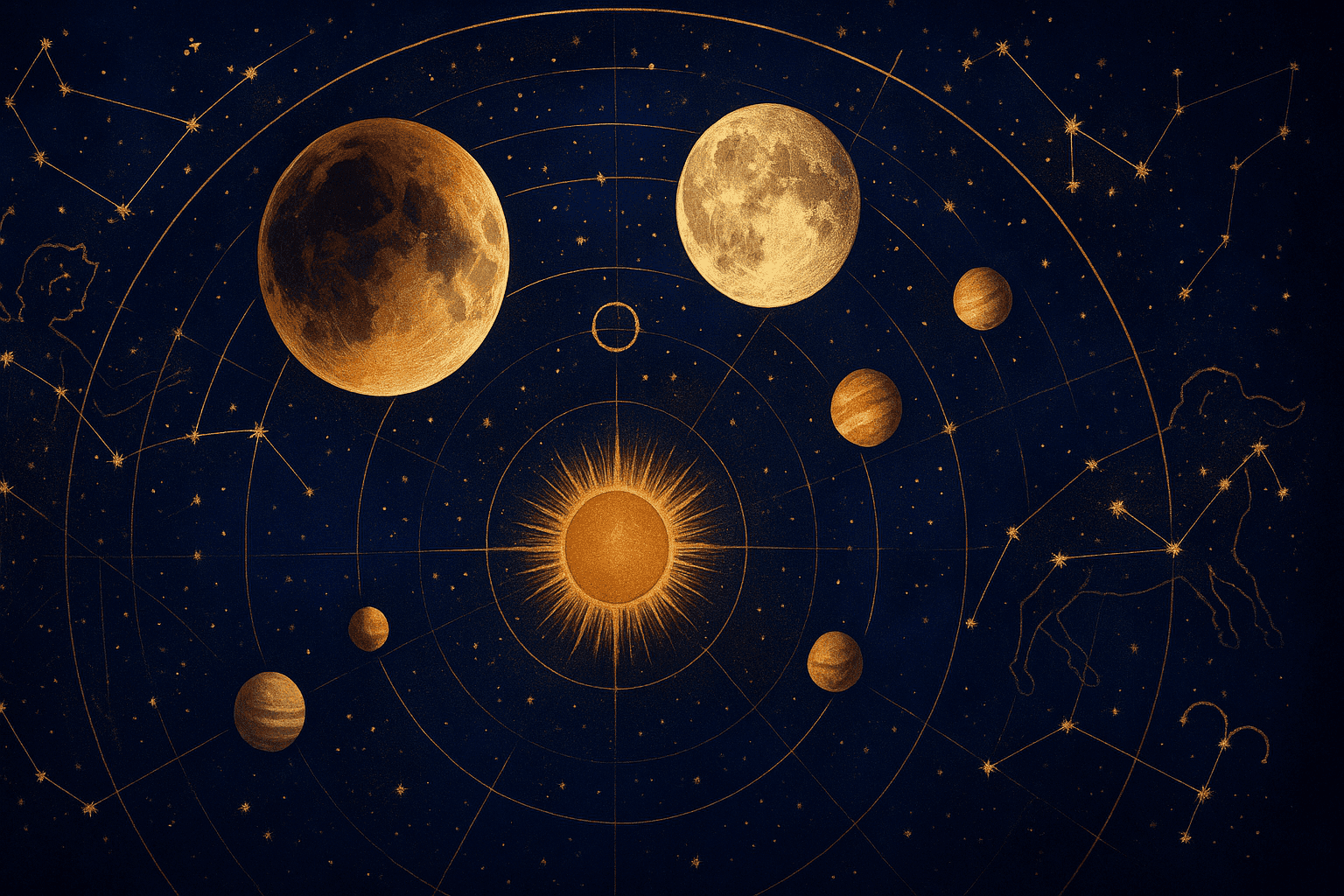 Cosmic depiction for the March 2025 astrology calendar featuring Total Lunar Eclipse in Virgo.