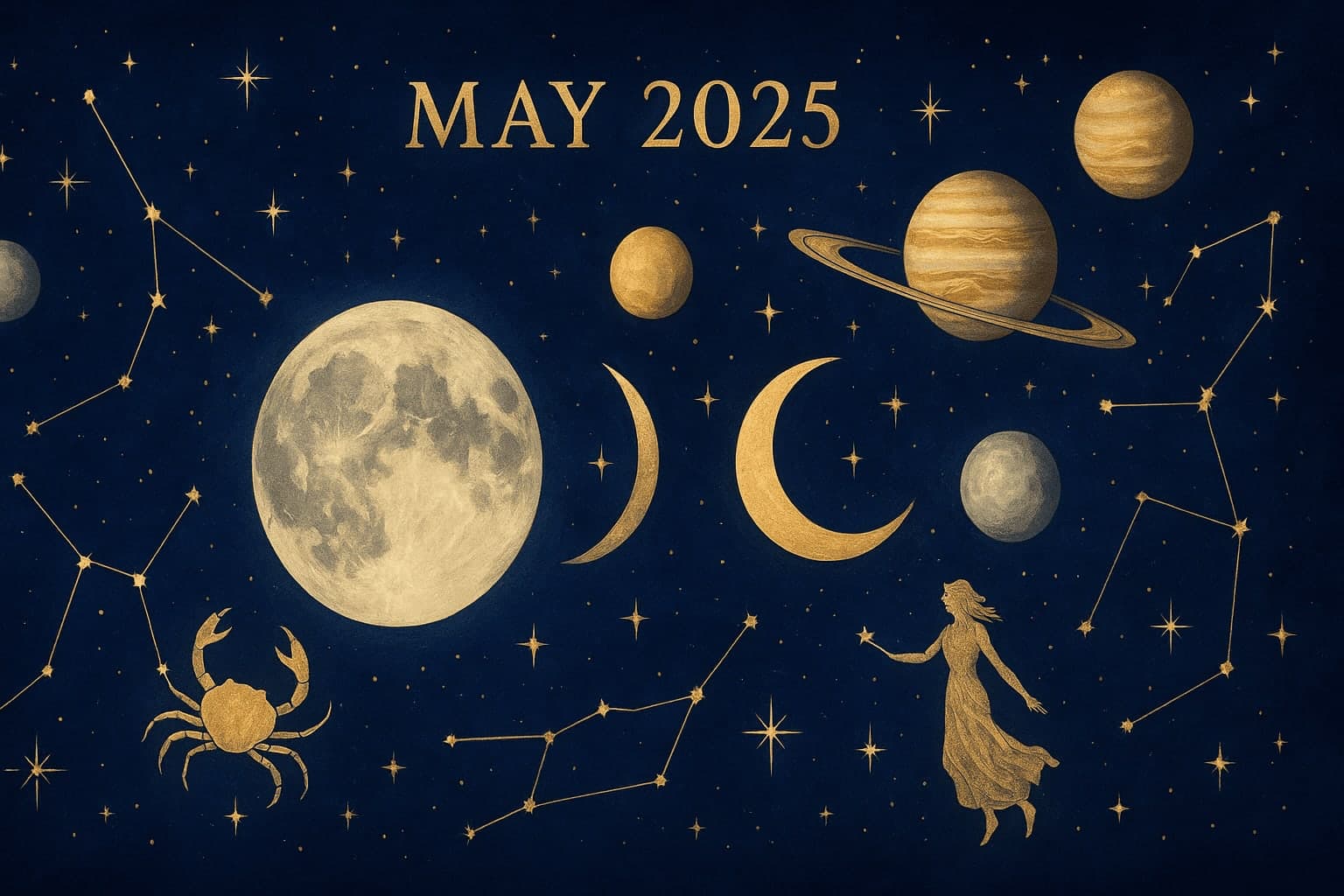 Cosmic depiction for the May 2025 astrology calendar featuring Moon enters Cancer.