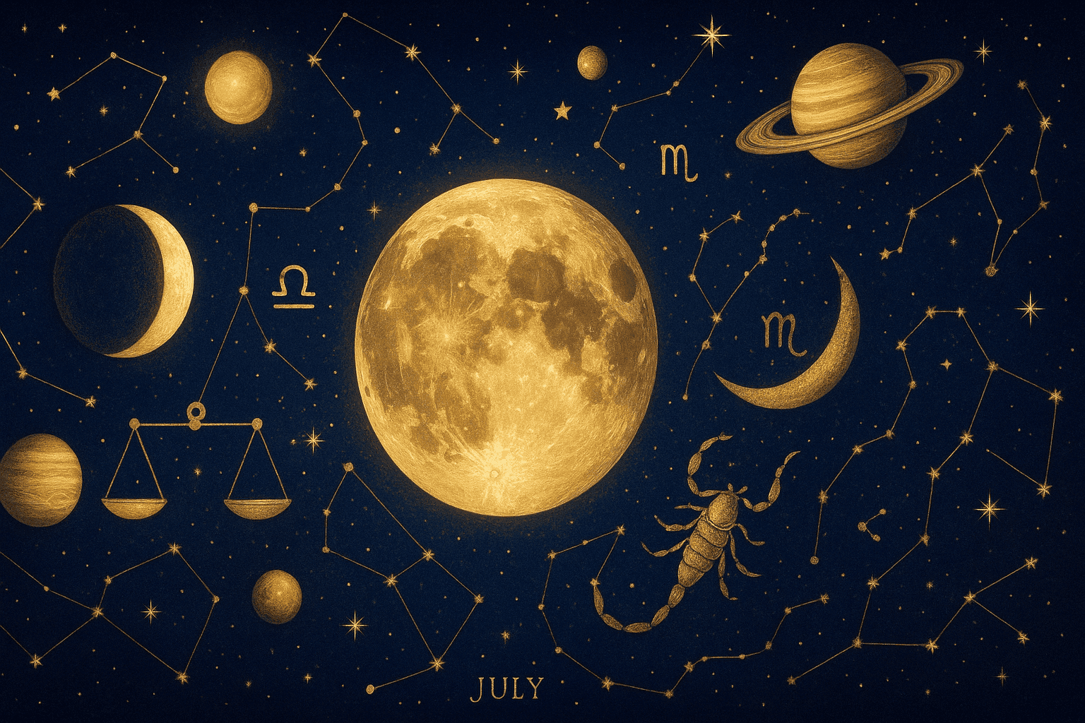 Cosmic depiction for the July 2025 astrology calendar featuring Moon enters Libra.