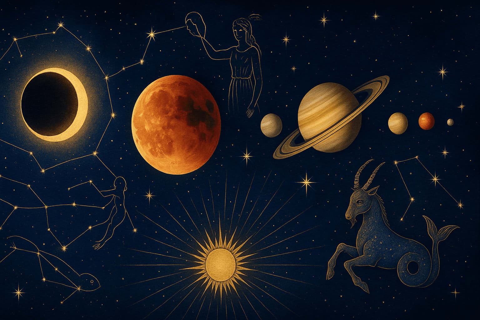 Cosmic depiction for the September 2025 astrology calendar featuring Total Lunar Eclipse in Pisces.