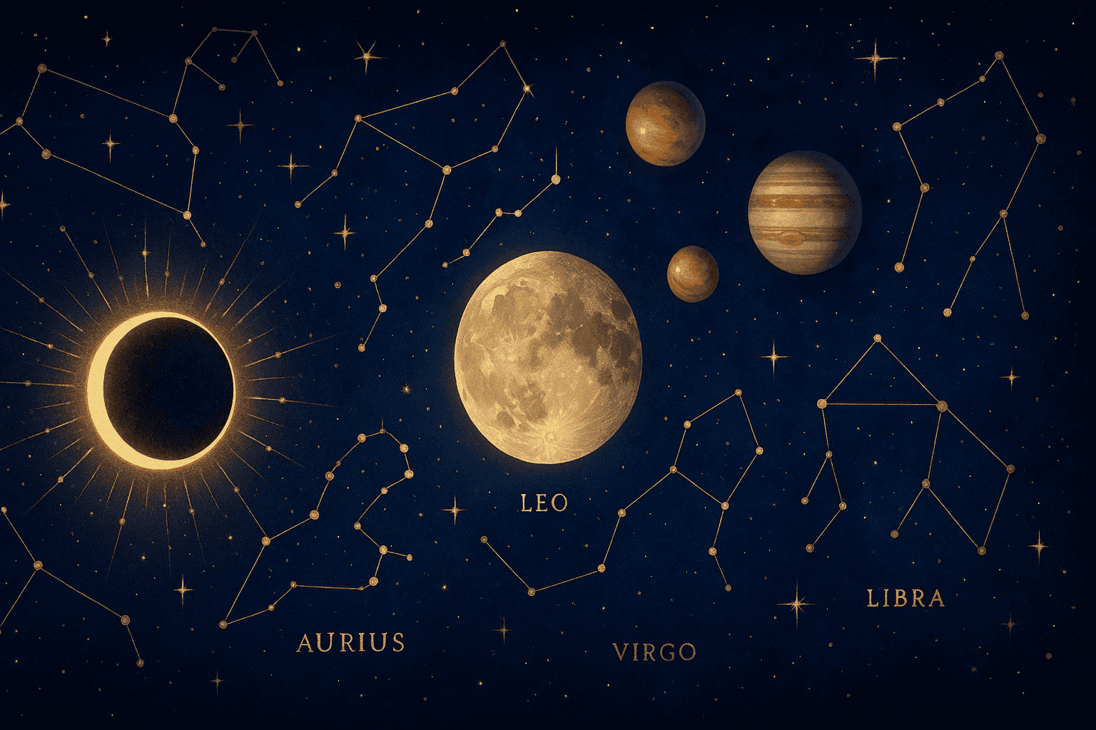 Cosmic depiction for the February 2026 astrology calendar featuring Annular Solar Eclipse in Aquarius.