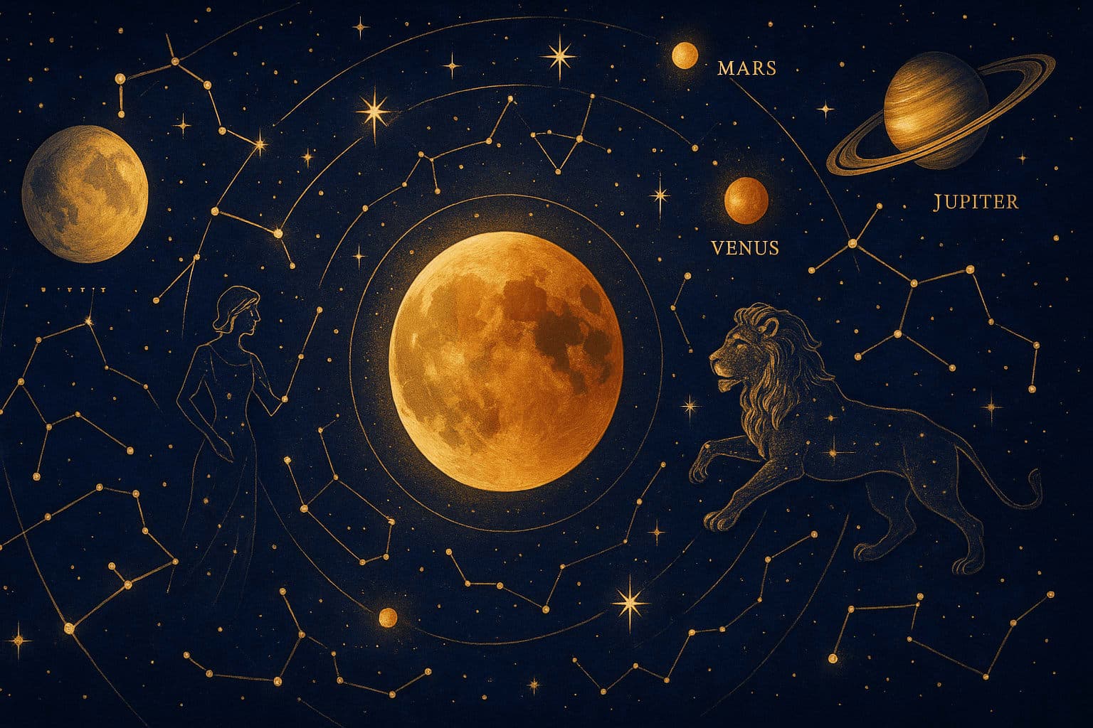 Cosmic depiction for the March 2026 astrology calendar featuring Total Lunar Eclipse in Virgo.