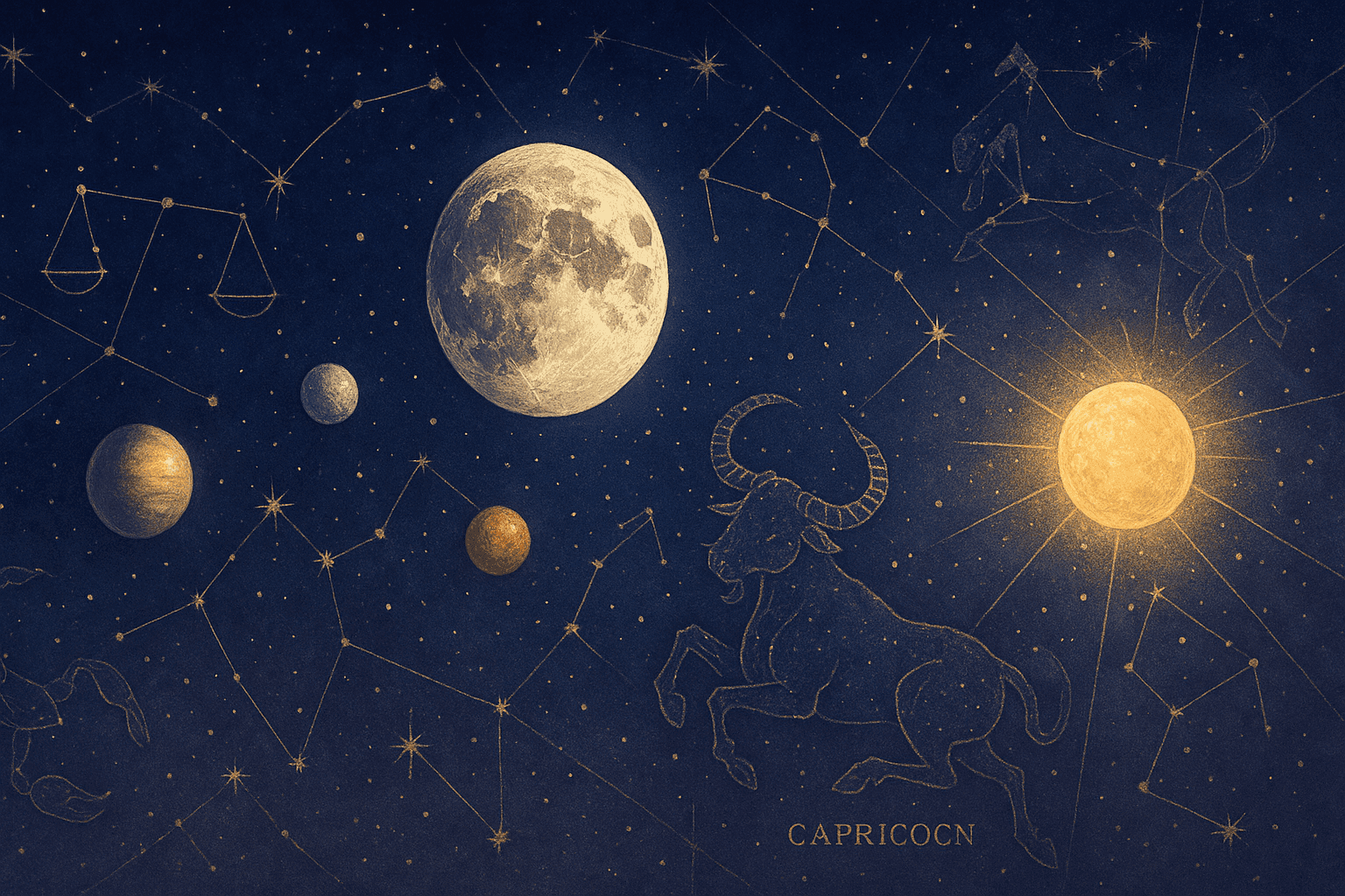 Cosmic depiction for the December 2026 astrology calendar featuring December Solstice.