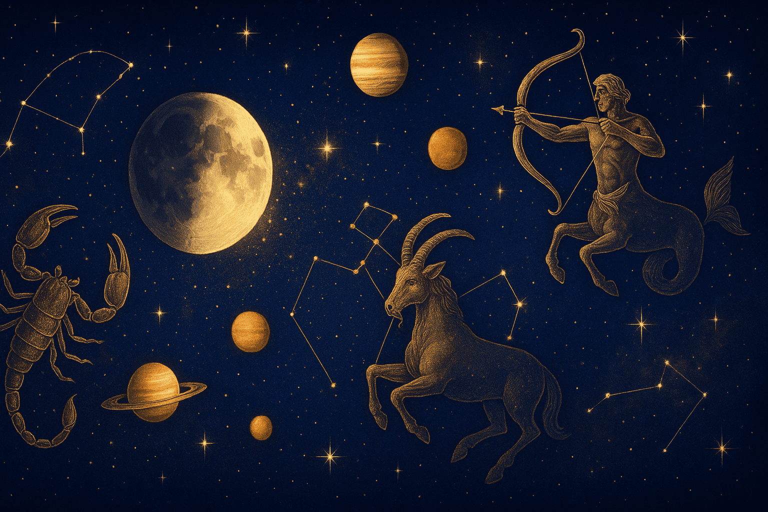 Cosmic depiction for the January 2027 astrology calendar featuring Moon enters Scorpio.