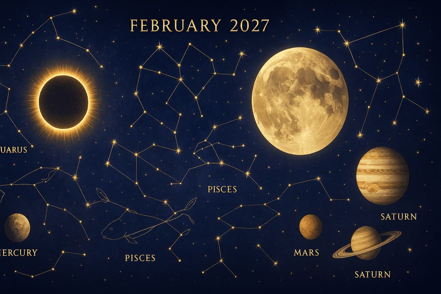 Cosmic depiction for the February 2027 astrology calendar featuring Penumbral Lunar Eclipse in Virgo.