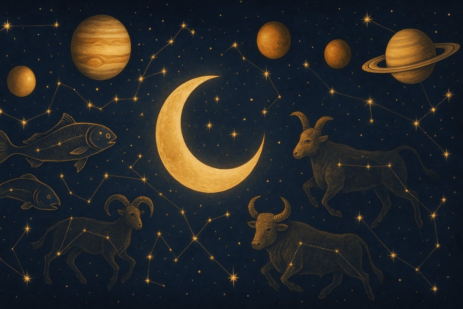 Cosmic depiction for the April 2027 astrology calendar featuring Moon enters Pisces.