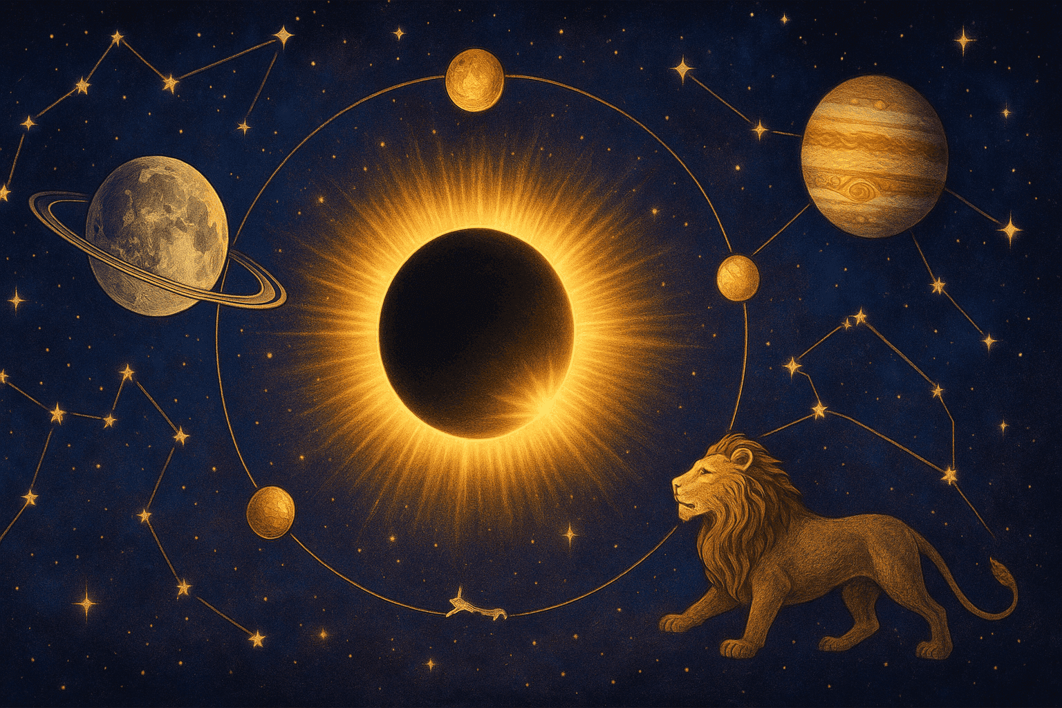Cosmic depiction for the August 2027 astrology calendar featuring Penumbral Lunar Eclipse in Aquarius.