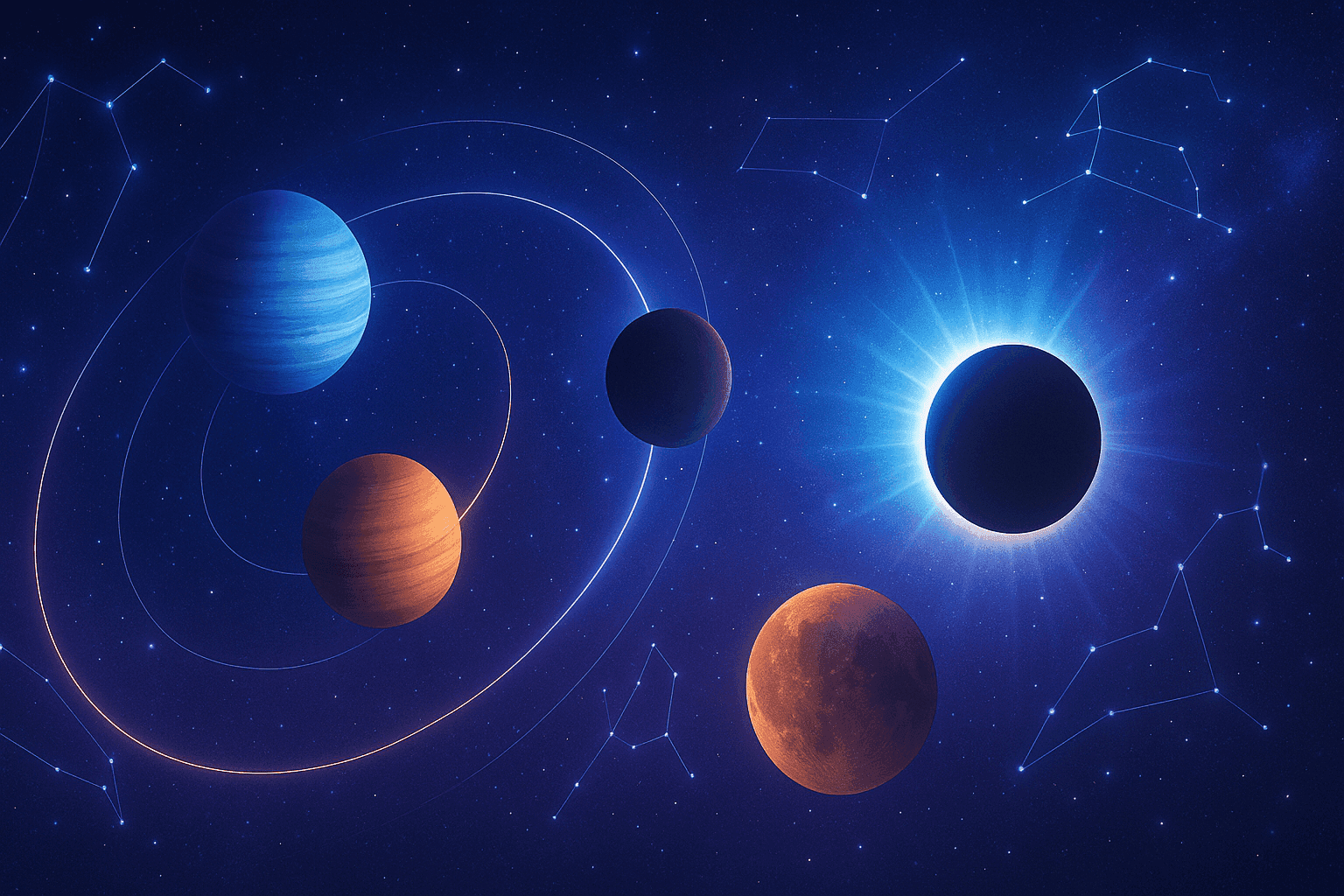 Illustration of planetary motions for the 2026 astrology calendar highlighting Annular Solar Eclipse in Aquarius.