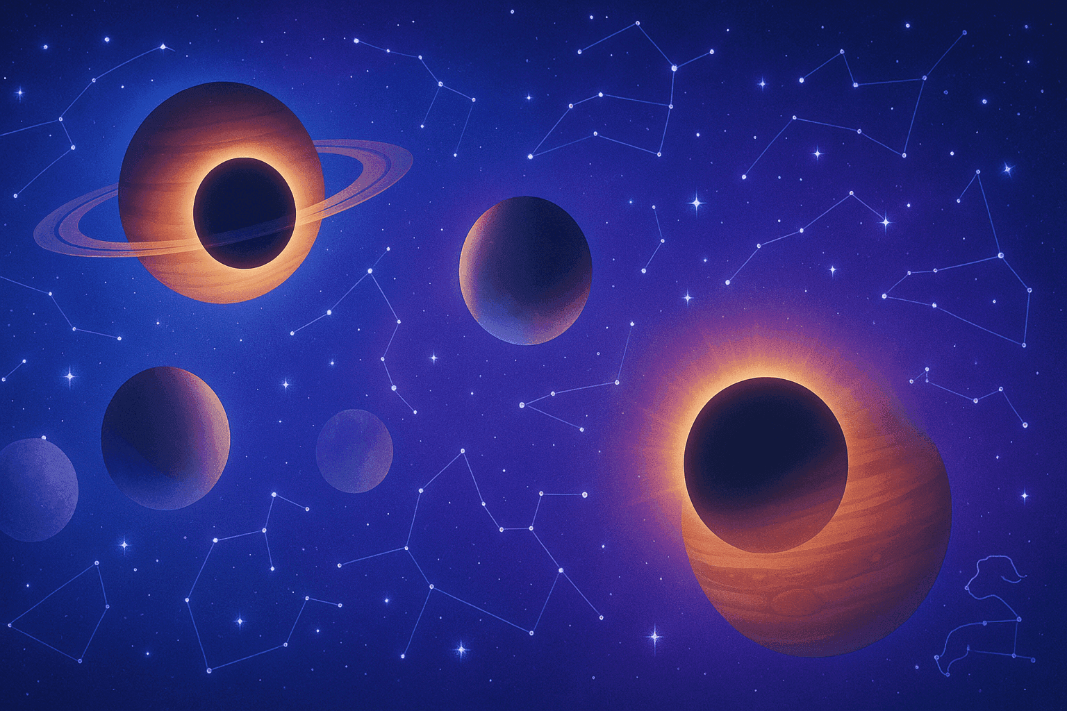 Illustration of planetary motions for the 2027 astrology calendar highlighting Annular Solar Eclipse in Aquarius.