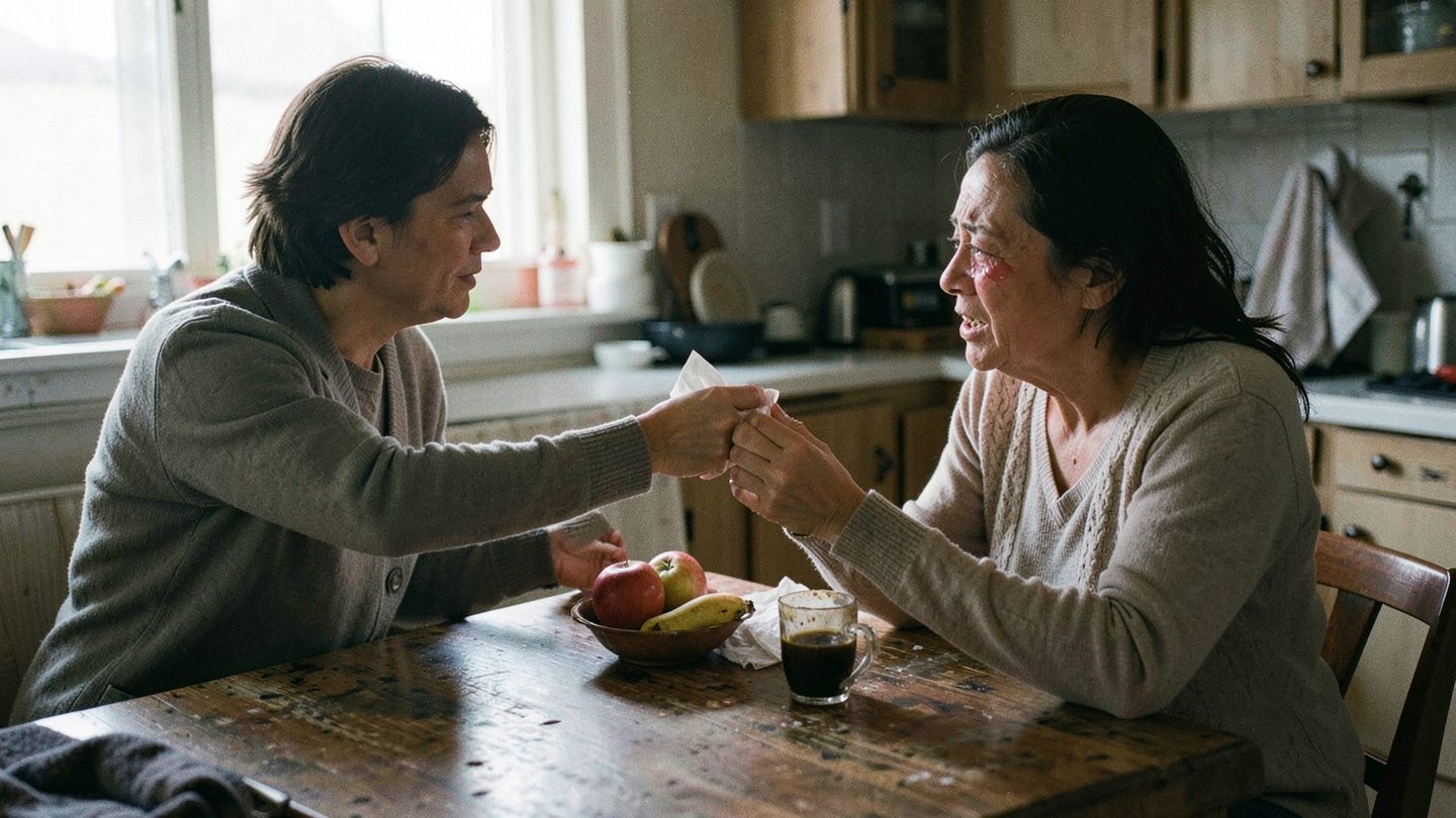 Two people at a kitchen table in a quiet, emotionally charged moment.