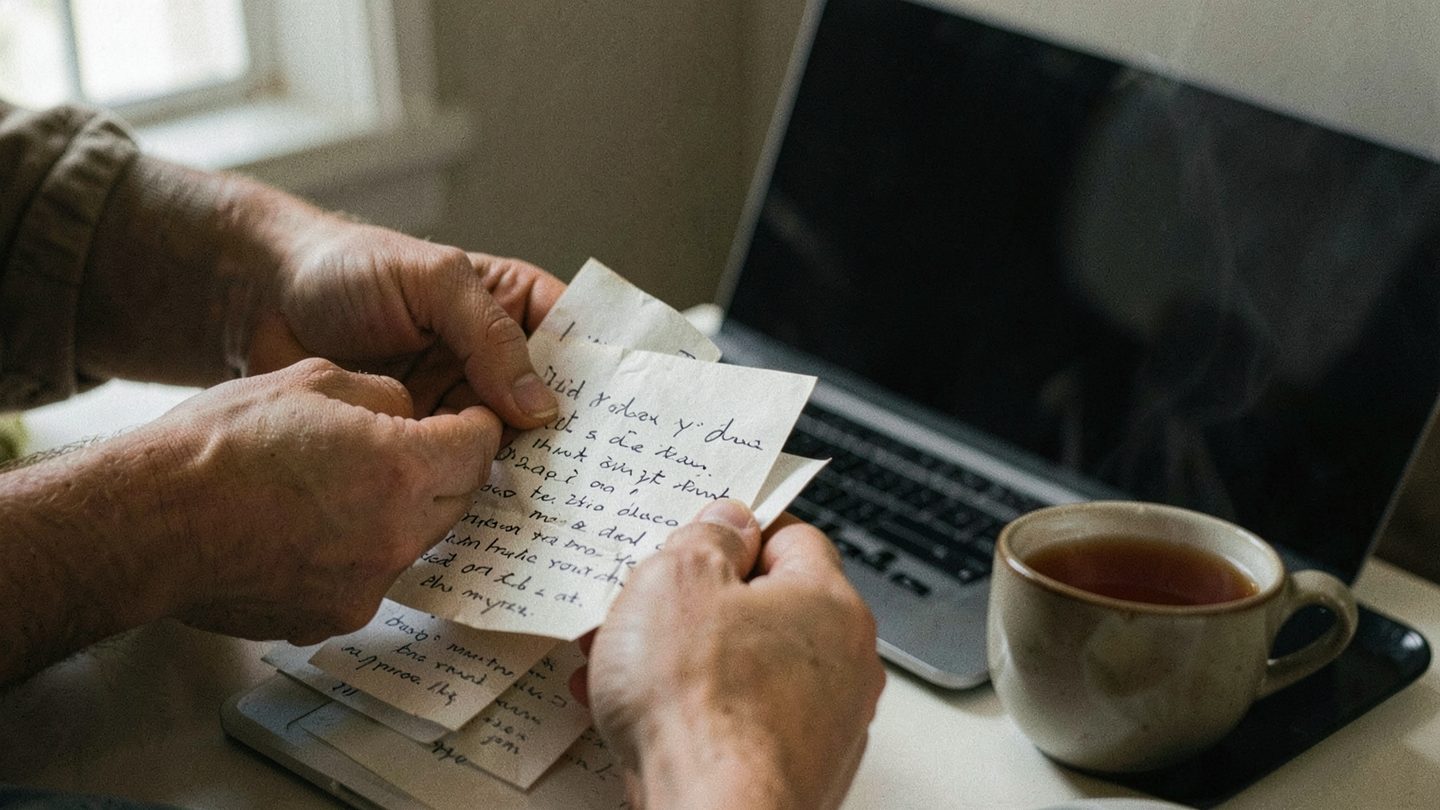 Hands, notes, and a laptop in a reflective editorial scene