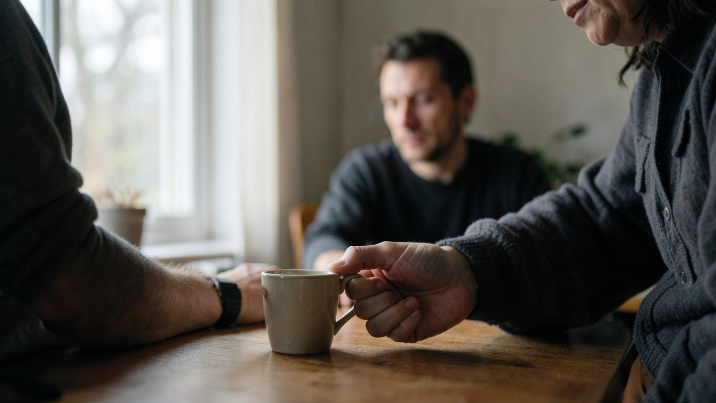 Editorial image of care and boundary tension in an everyday relationship moment.