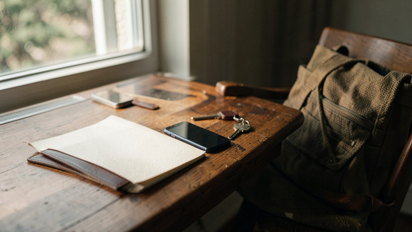 A home-office desk by a window in late-afternoon light with a blank open notebook, a face-down smartphone, keys, and a half-open work bag, suggesting a practical delay or disruption.