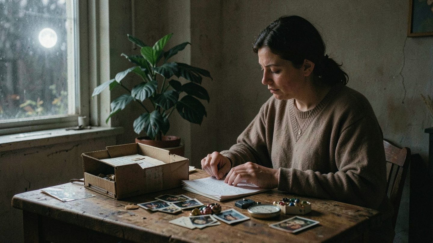 A person sorting keepsakes by moonlight in a realistic editorial scene