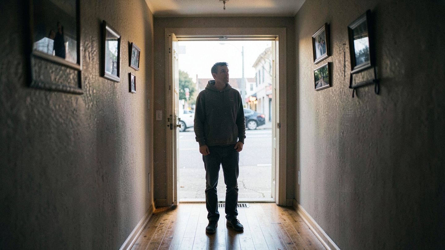 Photographic editorial scene suggesting tension between home life and a fated encounter
