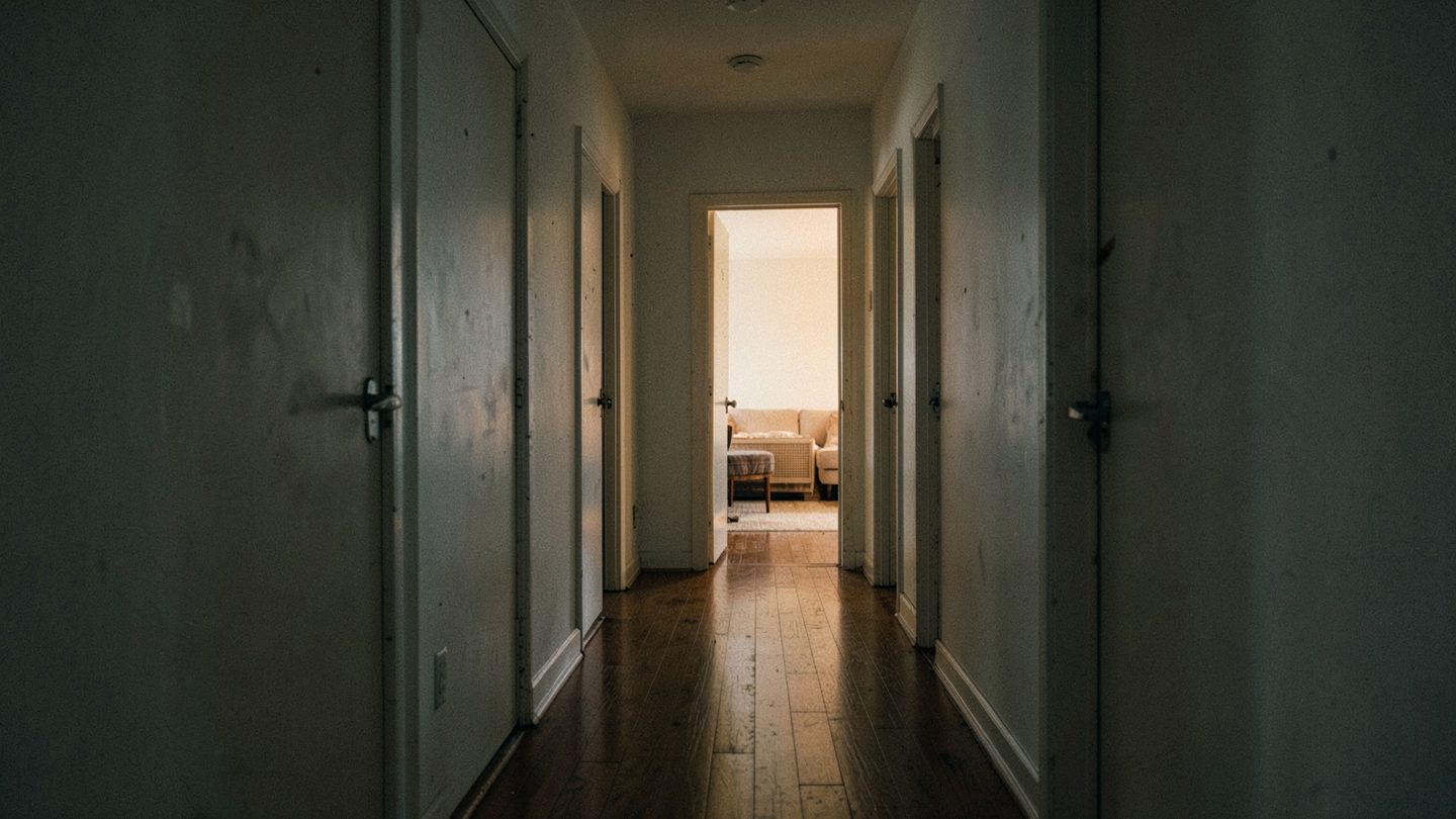 Editorial photo-style scene of an open door and quiet hallway
