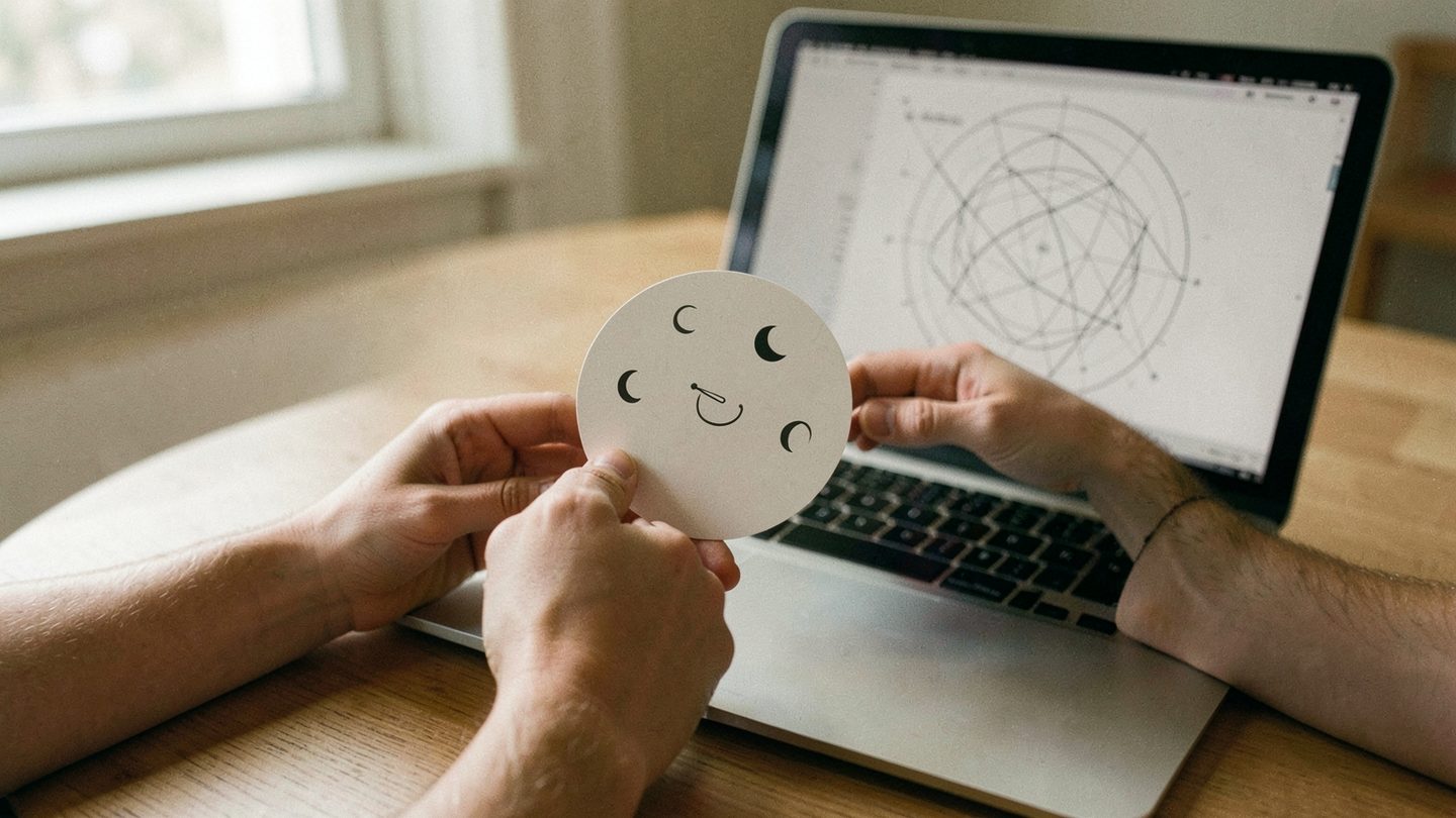 Hands holding a simple moon phase reference card beside an open laptop with an unlabeled astrological wheel on a wooden table in soft evening light.