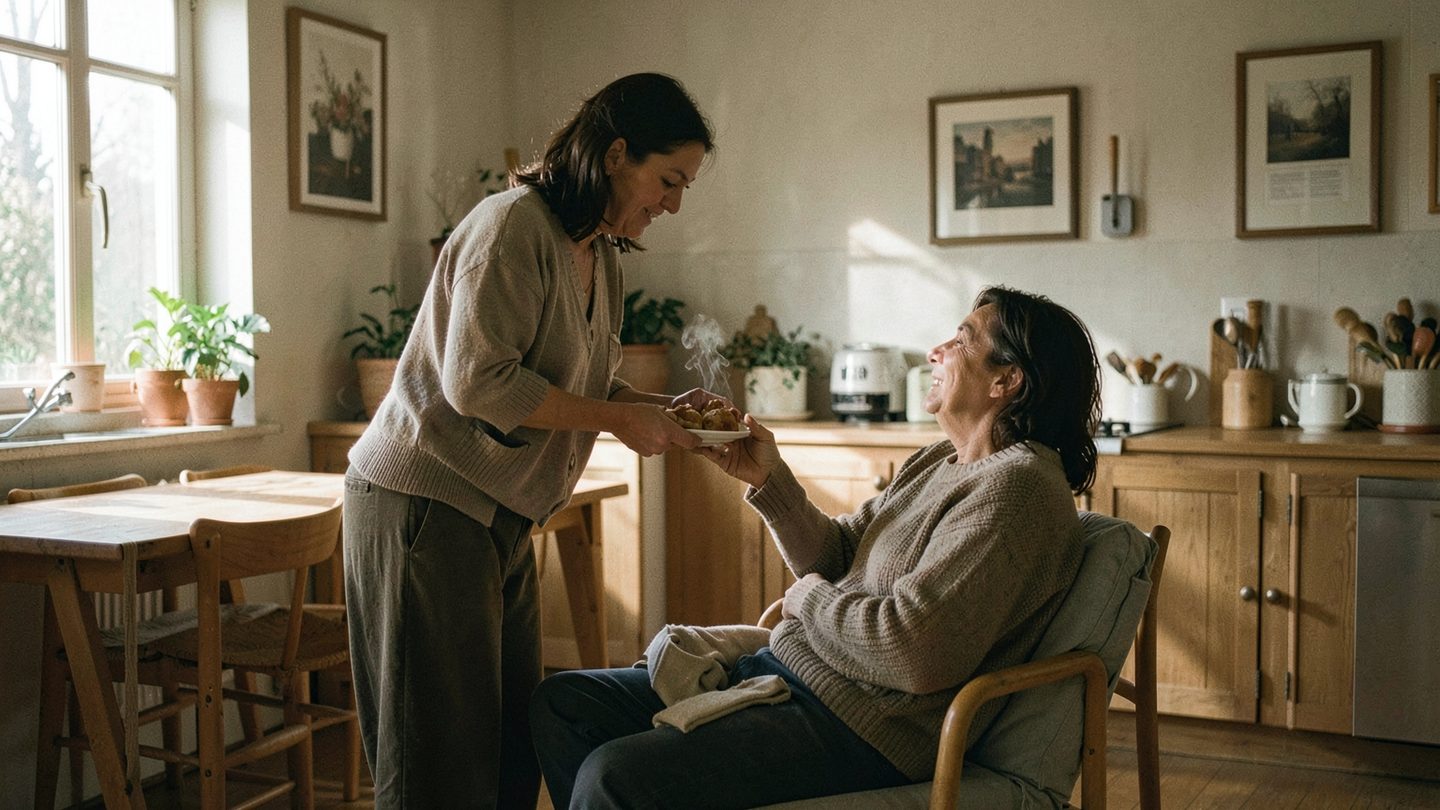 Calm editorial scene of intuitive caregiving and emotional support