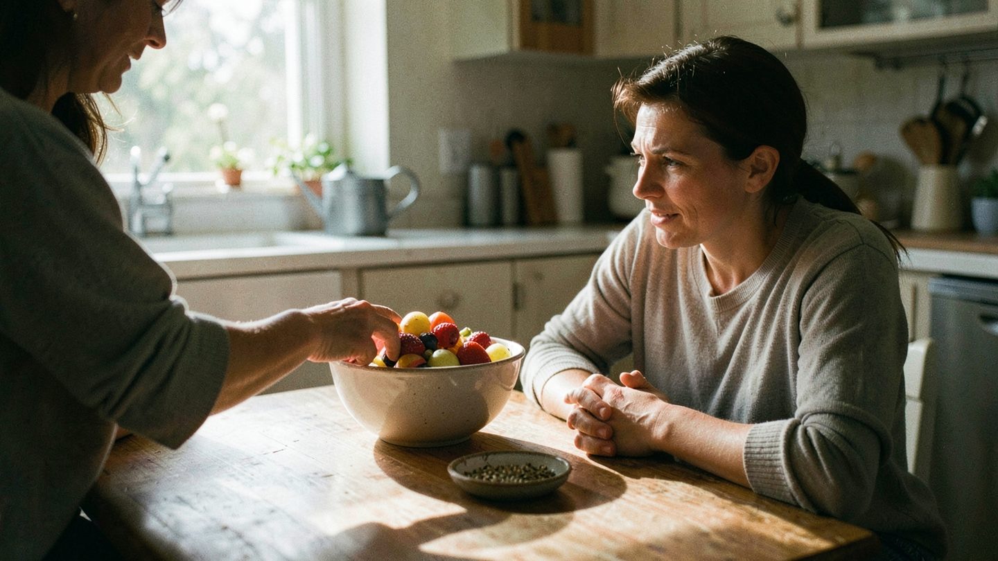 Two adults sit at a sunlit kitchen table sharing fruit and seeds during a quiet conversation, suggesting nurturing communication and practical care in a candid editorial scene.