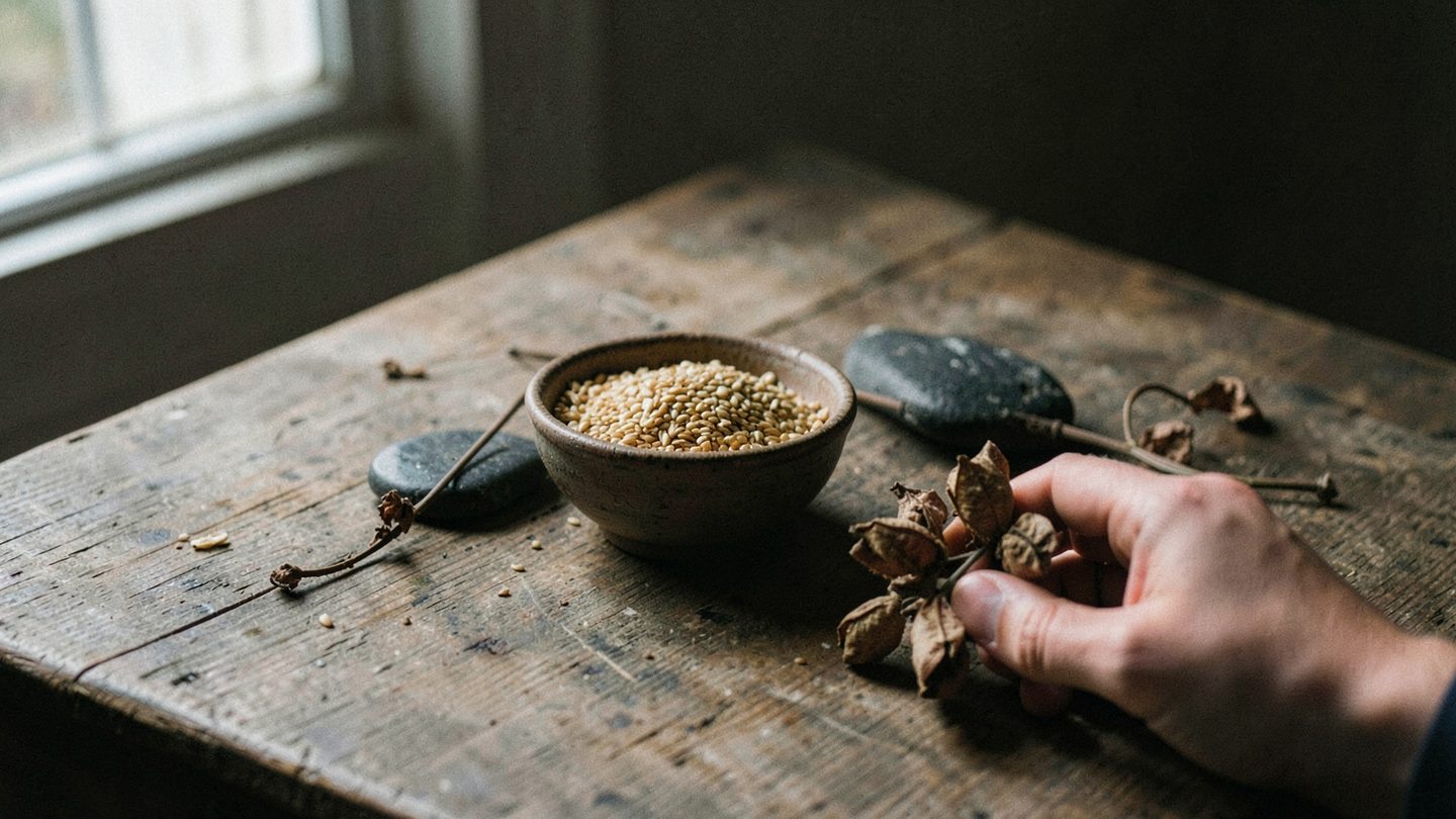Editorial still life contrasting nourishment and transformation for Ceres conjunct Pluto