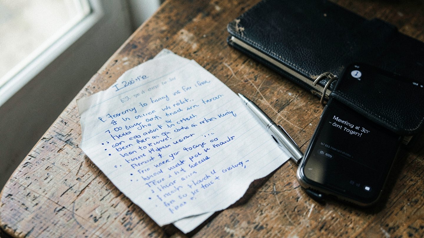 Editorial still life of a notebook, pen, and unread message suggesting prep work.