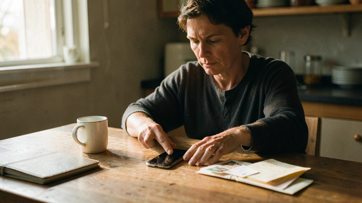 A single adult sits alone at a kitchen table in warm autumn light, placing a smartphone face-down and sliding unopened mail aside, creating a calm, quiet moment of boundary-setting and discernment.