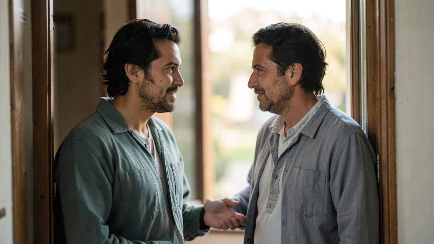 Two people meeting naturally at a doorway in soft morning light