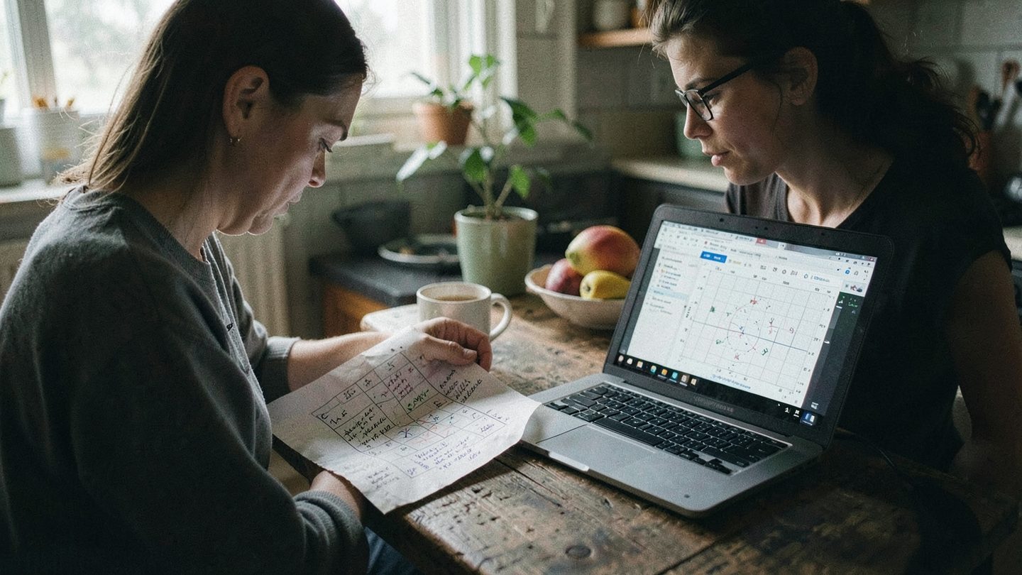 Editorial photo of a person comparing an astrology chart with notes at a kitchen table
