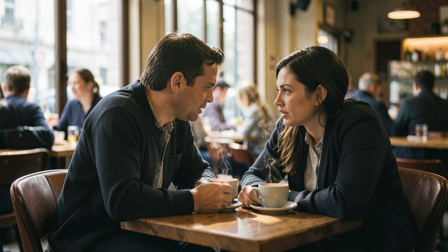 Quiet editorial café meeting suggesting a fated relationship moment