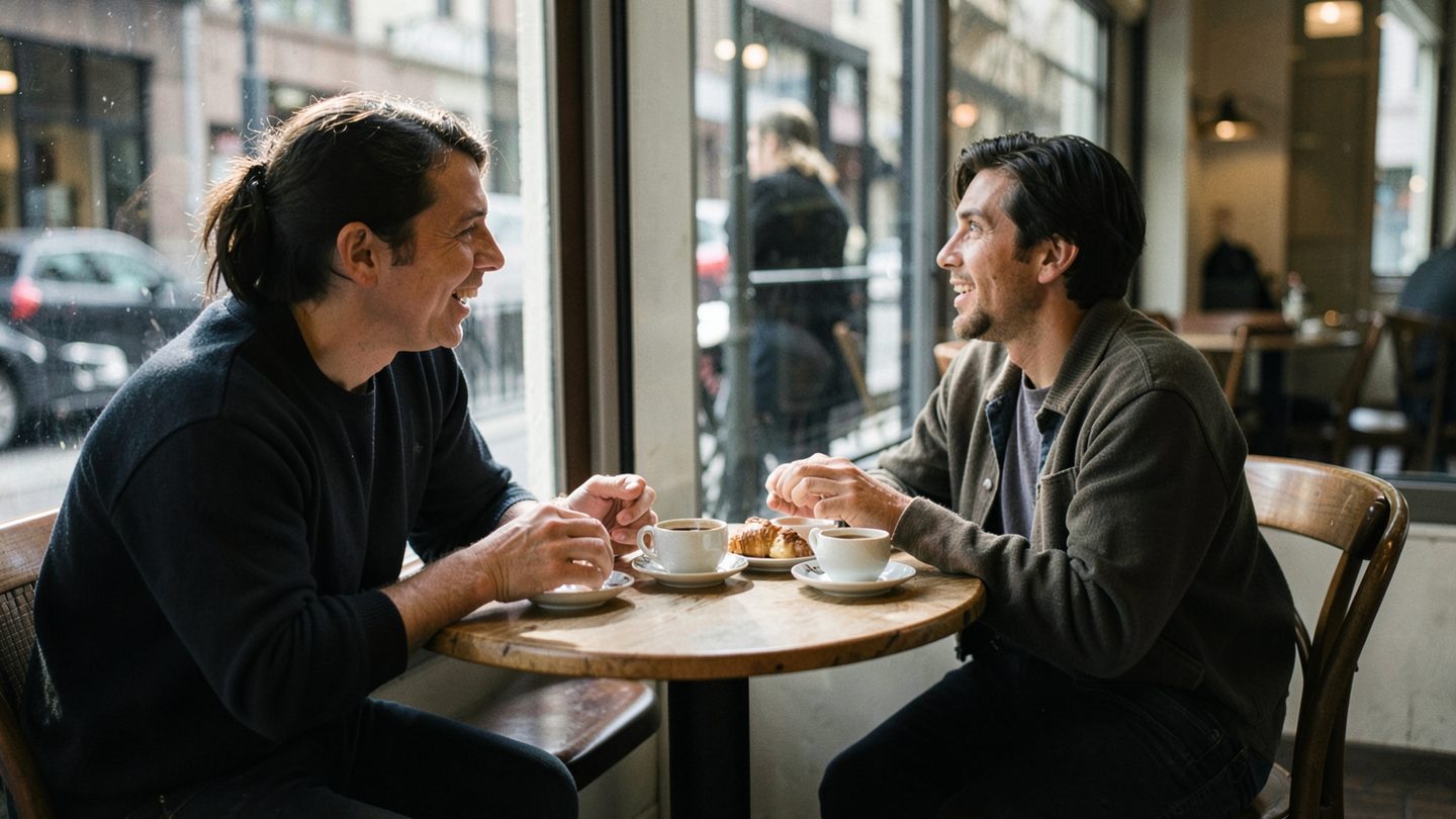 Two people talking in a cafe by a window, with an empty chair suggesting timing and connection.