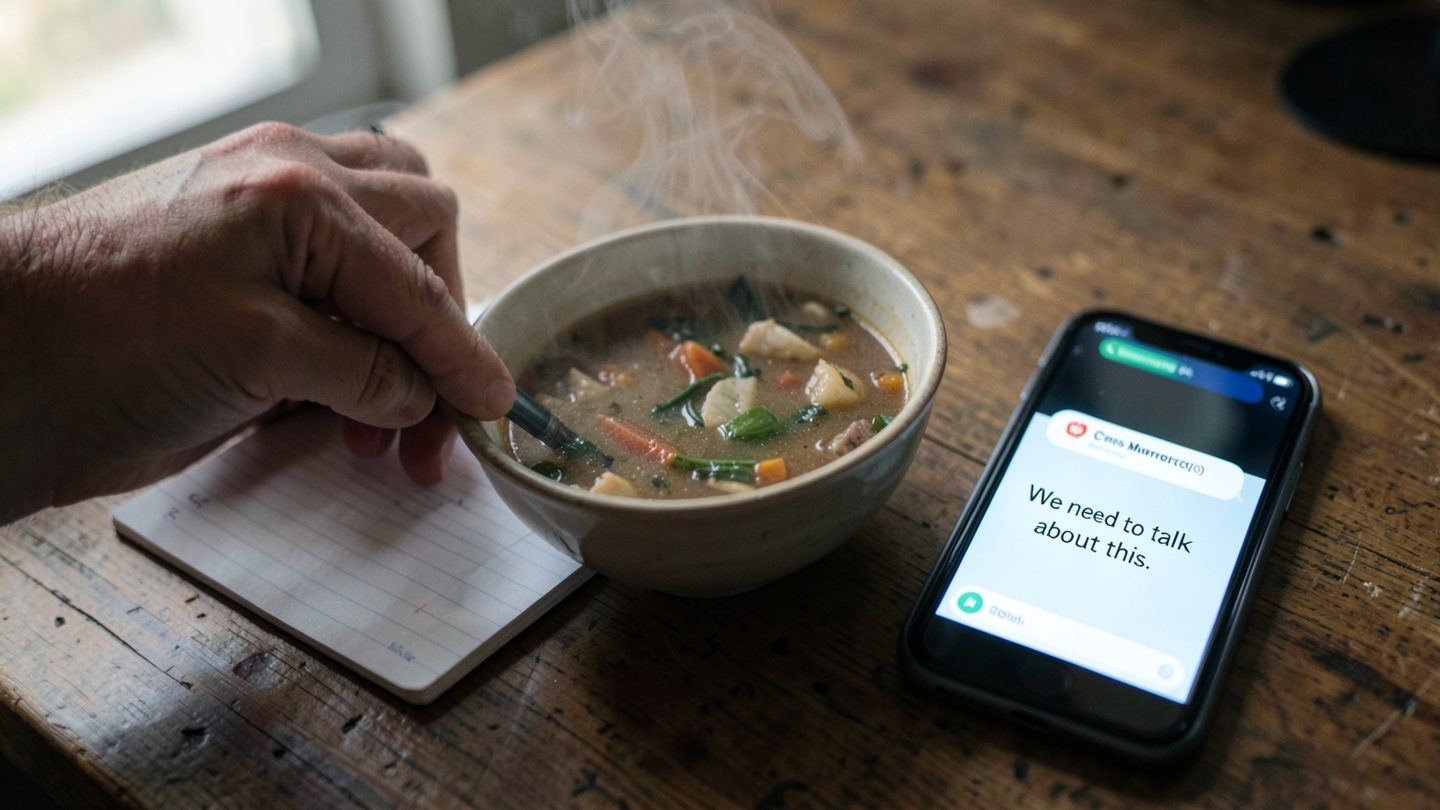 A note, soup, and phone showing care that is not landing clearly.