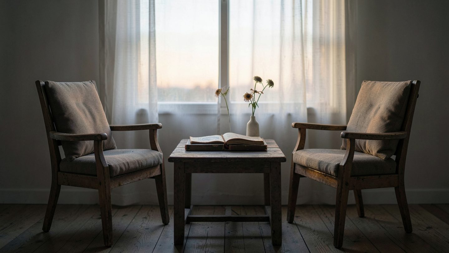 Opposite chairs by a window in a relationship-themed editorial scene