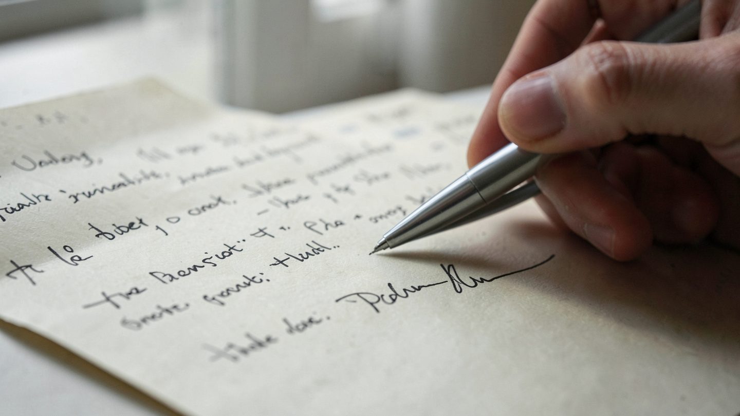 A hand pausing above a signature line on a reviewed agreement