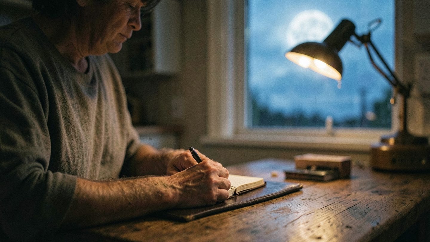 Editorial photo concept of someone journaling by moonlight before the full moon