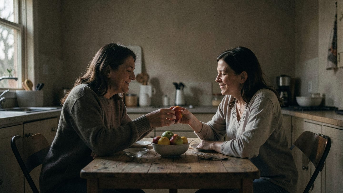Two adults sit at a small kitchen table at dusk, one gently offering a bowl of fruit to the other in a calm, supportive moment, with soft natural window light and a quiet, realistic editorial feel.