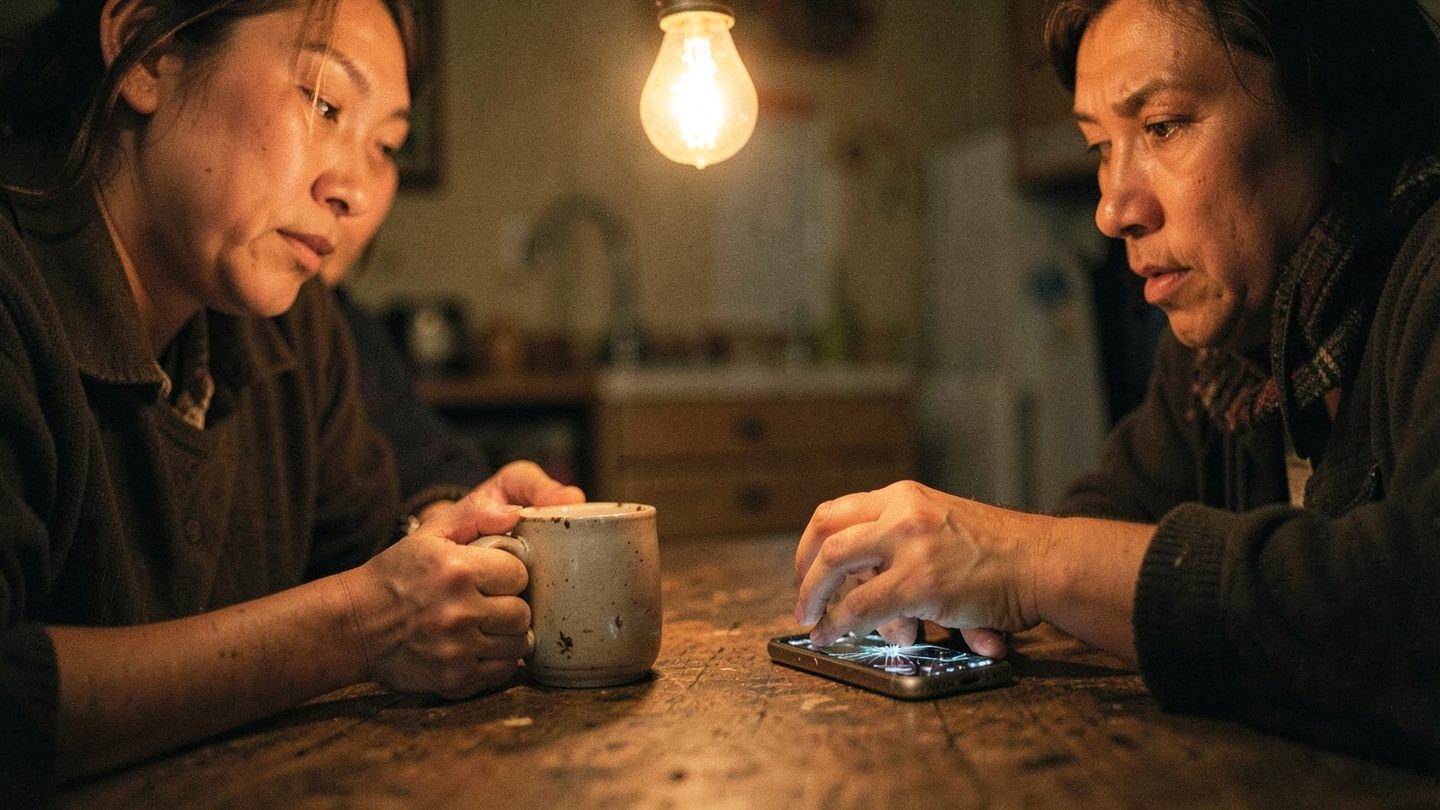 Two people at a kitchen table in a tense but quiet conversation