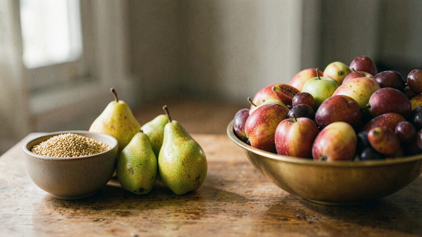 A warm editorial still life shows a small bowl of grain and a few pears beside a larger golden bowl filled with fruit, arranged on a wooden tabletop with soft window light and muted earth tones in a 16:9 landscape frame.